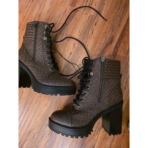 GUESS GBG Brown Logo  Combat Boots Block Heel Lace Up Side Zip Womens Mid Calf